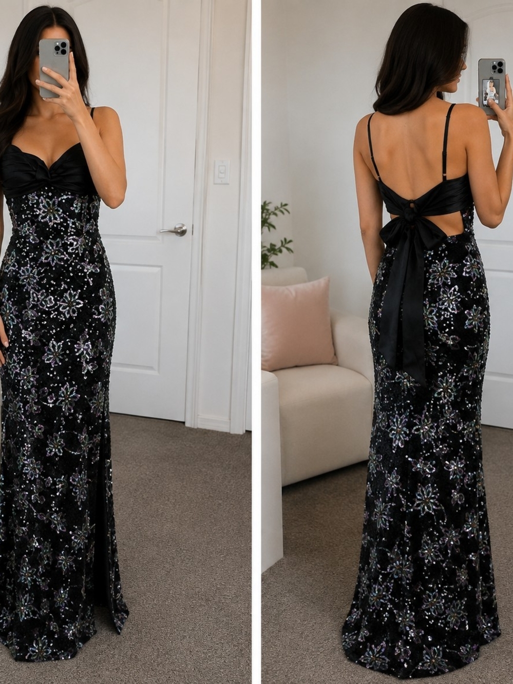 City Studio Black Sequin Floral Maxi Dress with Bow Back Size 3/4